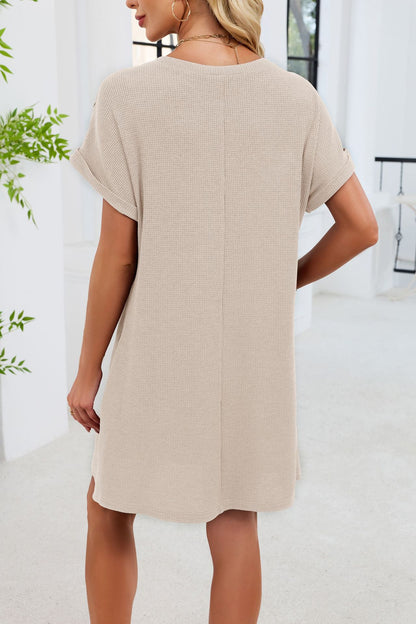 Blue Gray Yoke Loose T Shirt Dress Crew Neck