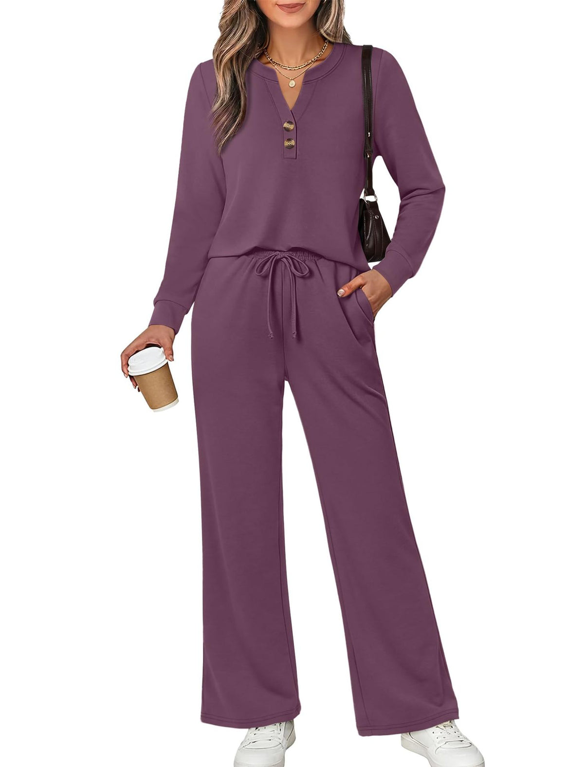 Women's 2 Piece Lounge Set Henley Top Wide Leg Pants