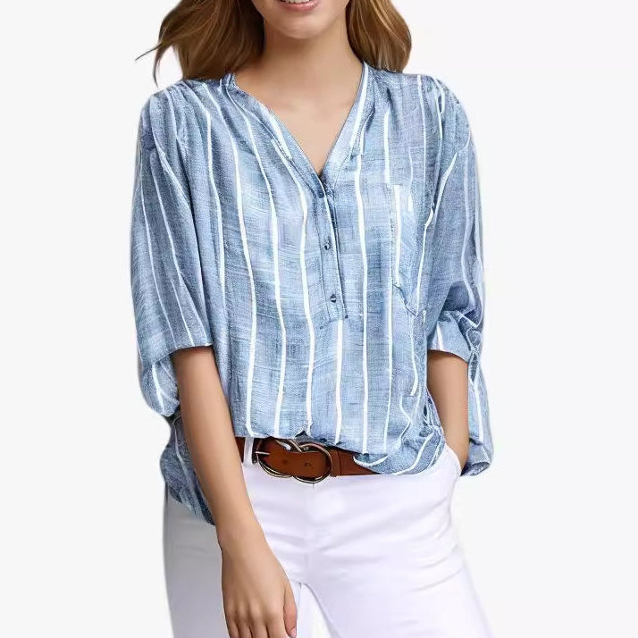 Women's Striped V-Neck Long Sleeve Casual Blouse