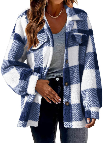 Women's Oversized Plaid Sherpa Shacket Jacket Pockets