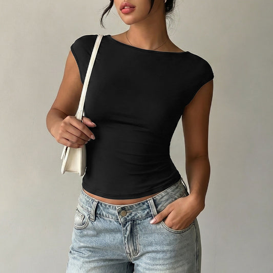 Backless Lace Trim Boat Neck Fitted Summer Crop Top