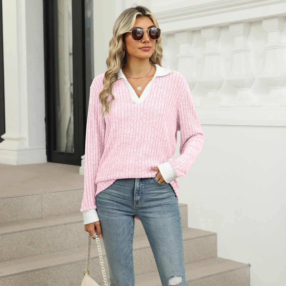 Women's Oversized Contrast Collar V Neck Long Sleeve Top