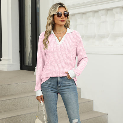 Women's Oversized Contrast Collar V Neck Long Sleeve Top