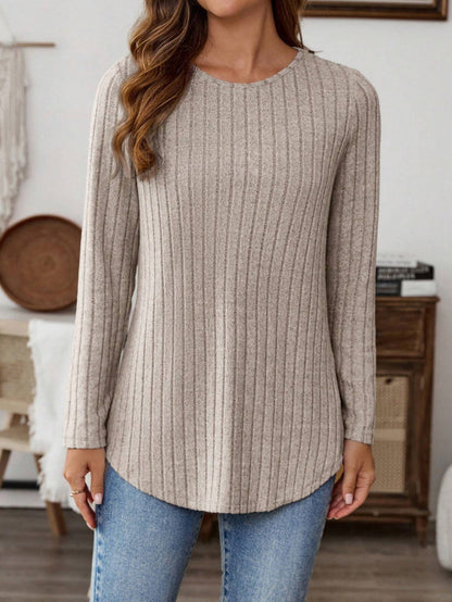 Women's Ribbed Crew Neck Button Back Long Sleeve Tunic Top