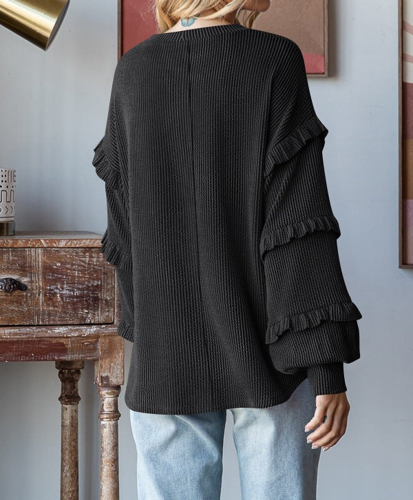 Lantern Sleeve Lace Round Neck Top