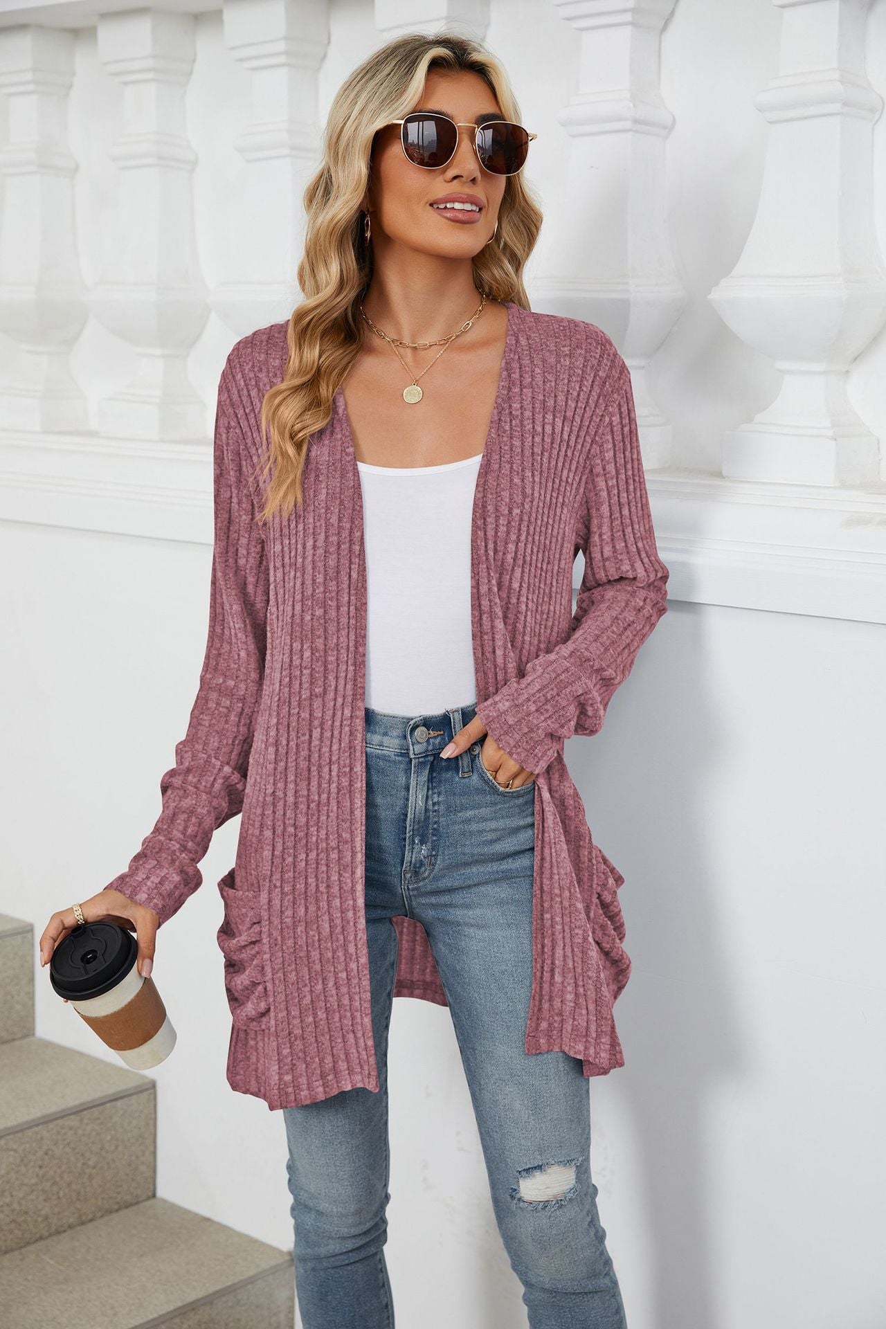 Simple Pocketed Long Sleeve Cardigan Knit Top