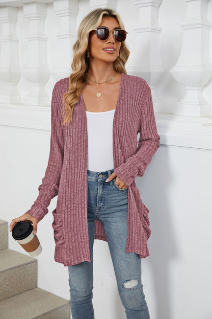Simple Pocketed Long Sleeve Cardigan Knit Top