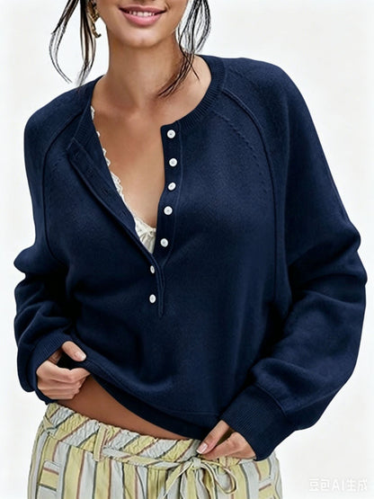 Women's Henley Button Front Knit Pullover Sweater