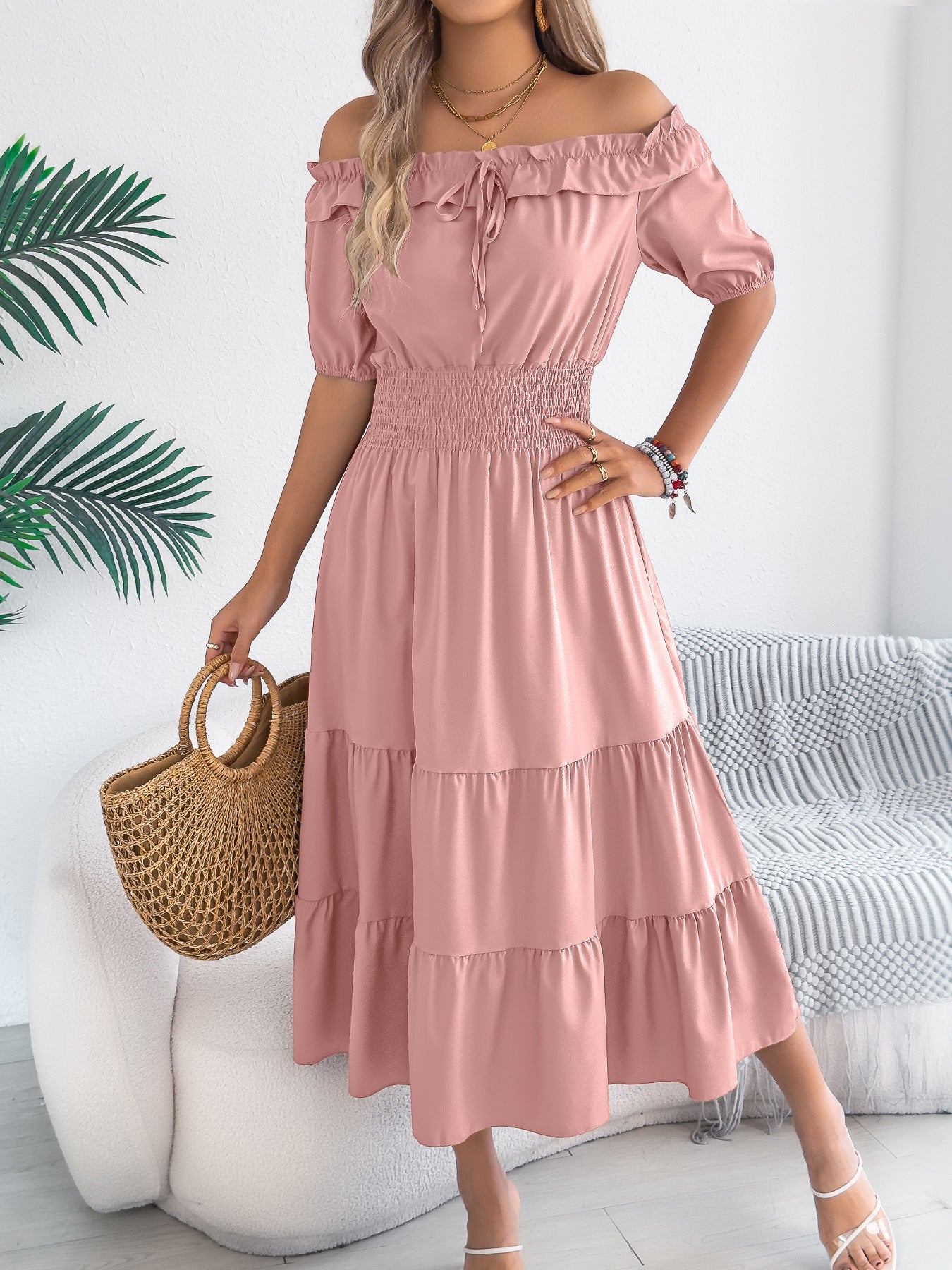 Off Shoulder Smocked Waist Maxi Dress Ruffle Sleeve