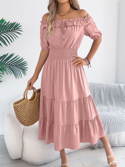 Off Shoulder Smocked Waist Maxi Dress Ruffle Sleeve
