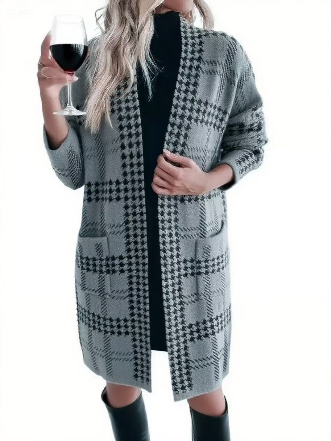 Women's Houndstooth Long Oversized Open Front Cardigan