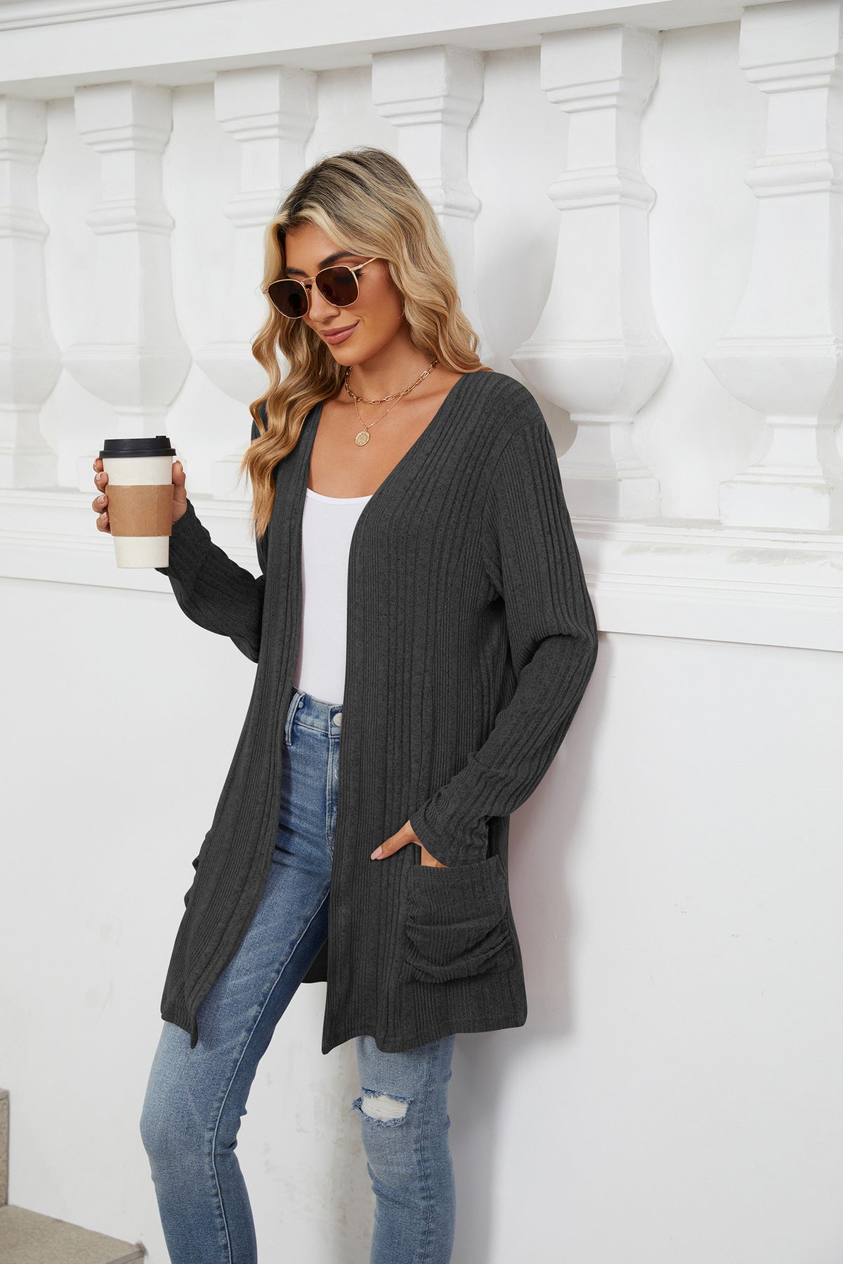 Women's Long Sleeve Ribbed Open Front Cardigan Pockets