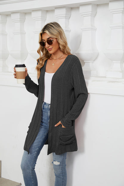 Women's Long Sleeve Ribbed Open Front Cardigan Pockets