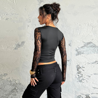 Women's Sexy Lace Sleeve V Neck Tie Front Crop Top