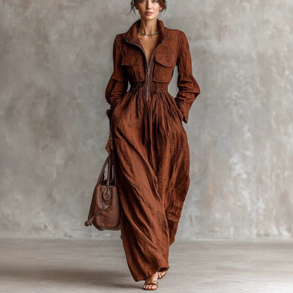 Zip Front Collared Maxi Dress Long Sleeve Elastic Waist