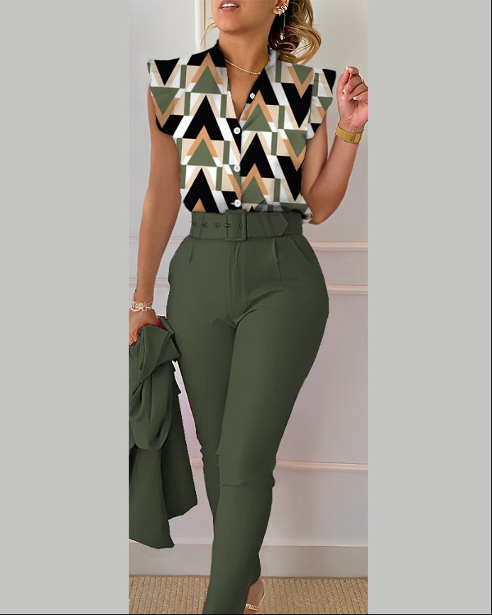 Floral Ruffle Sleeve Top & Belted Pants Two Piece Set