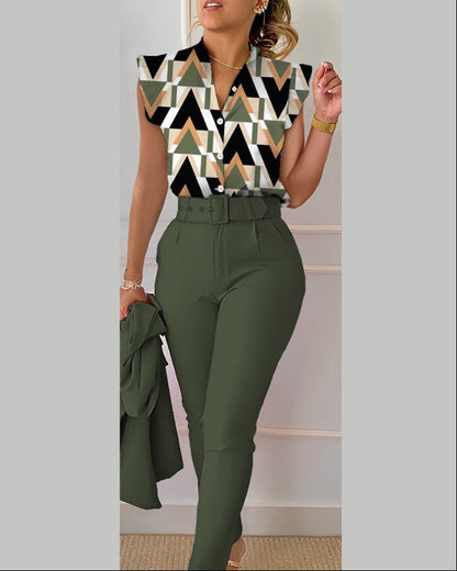 Floral Ruffle Sleeve Top & Belted Pants Two Piece Set