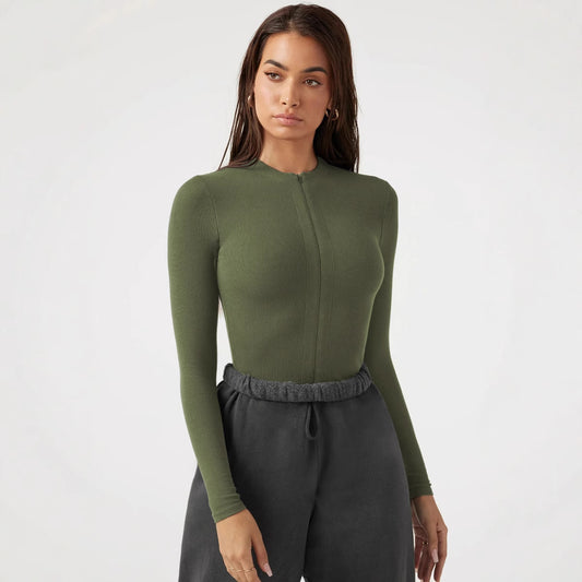Zipper Knit Jumpsuit Versatile Tight Fit 3-Point Pants