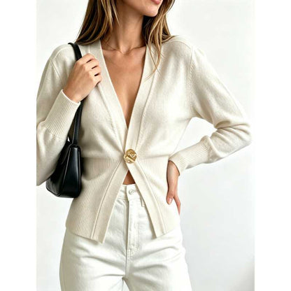 Women's Cropped V-Neck Single Button Fitted Cardigan