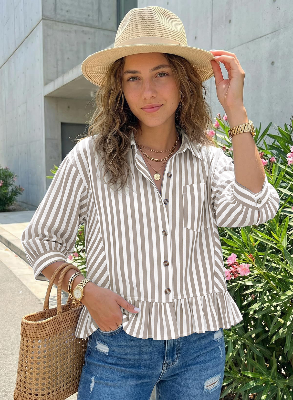 Striped Button Down Ruffle Hem 3/4 Sleeve Blouse