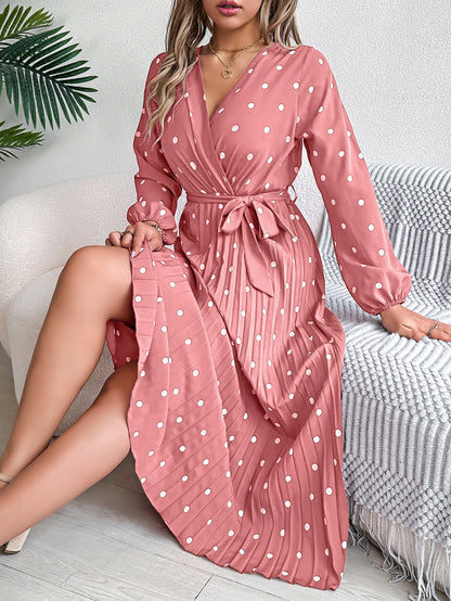 Elegant Polka Dot Cross-Over V-Neck Pleated Midi Dress