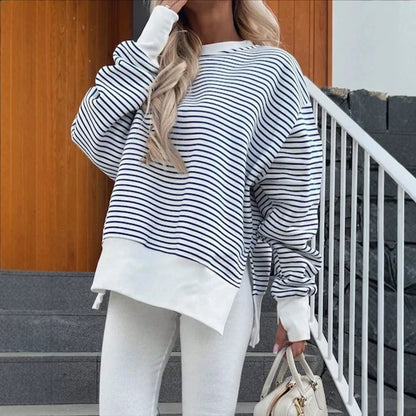 Oversized Striped Crewneck Sweatshirt Thumb Hole Side Slit