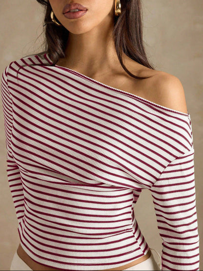 Women's Striped Off Shoulder Long Sleeve Knit Top