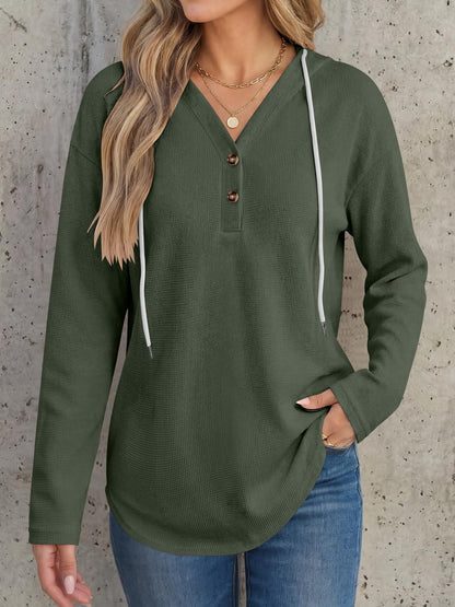 Waffle Knit Hoodie Henley Long Sleeve Casual Top