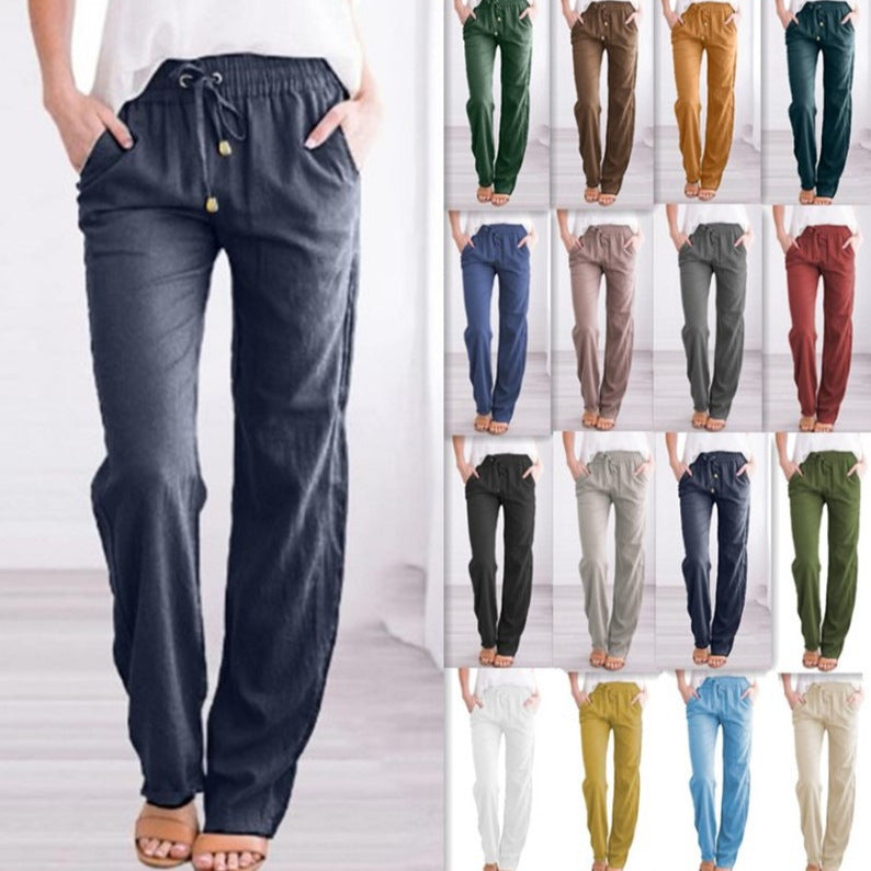 Women's Cotton Linen Drawstring Wide Leg Pants