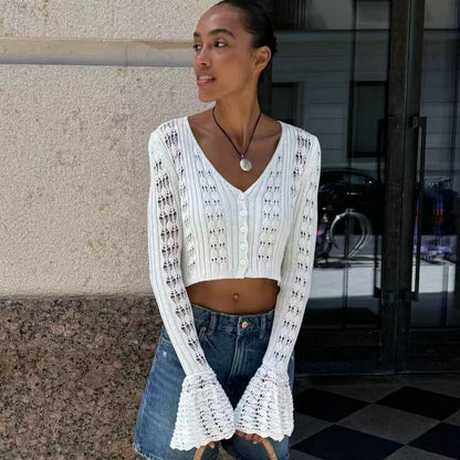 Women's Crochet Crop Cardigan V-Neck Bell Sleeve Top