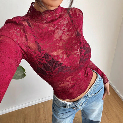 Red Sheer Lace Long Sleeve Slim Fit Top Women