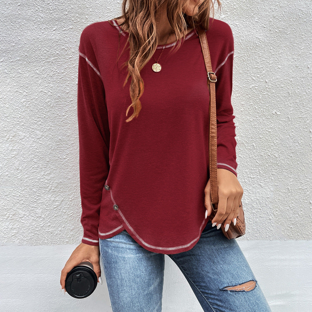 Women's Side Button Long Sleeve Curved Hem Tunic Top