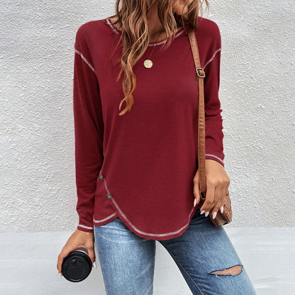 Women's Side Button Long Sleeve Curved Hem Tunic Top