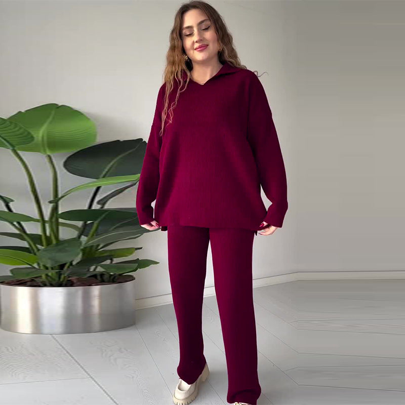 Ribbed Knit Side Slit Lounge Set Wide Leg Pants