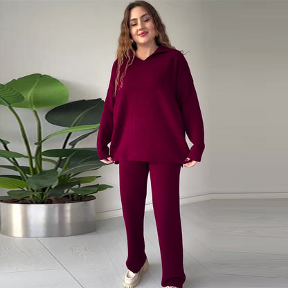 Ribbed Knit Side Slit Lounge Set Wide Leg Pants