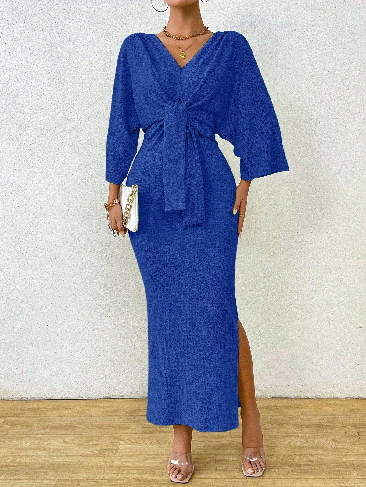 Women's V-Neck Tie Front Ruched Midi Dress with Slit