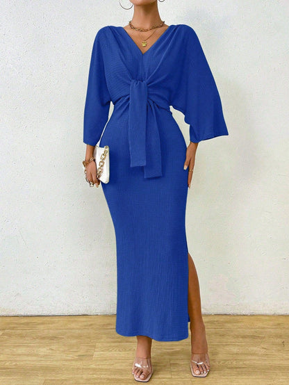 Women's V-Neck Tie Front Ruched Midi Dress with Slit