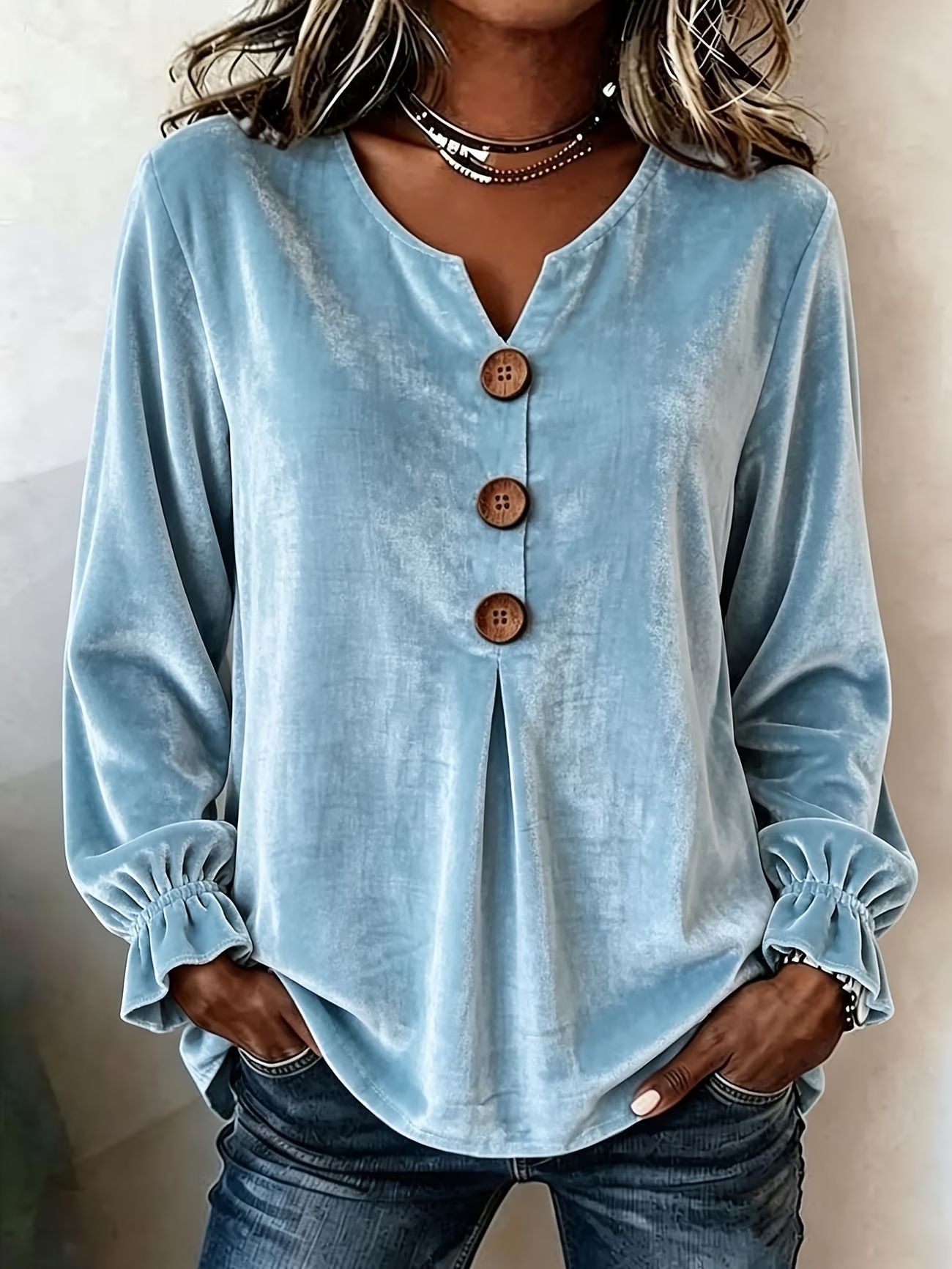 Women's Boho Velvet V-Neck Button Bell Sleeve Blouse