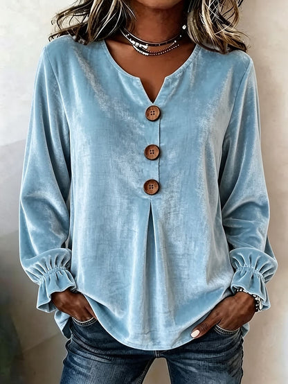 Women's Boho Velvet V-Neck Button Bell Sleeve Blouse