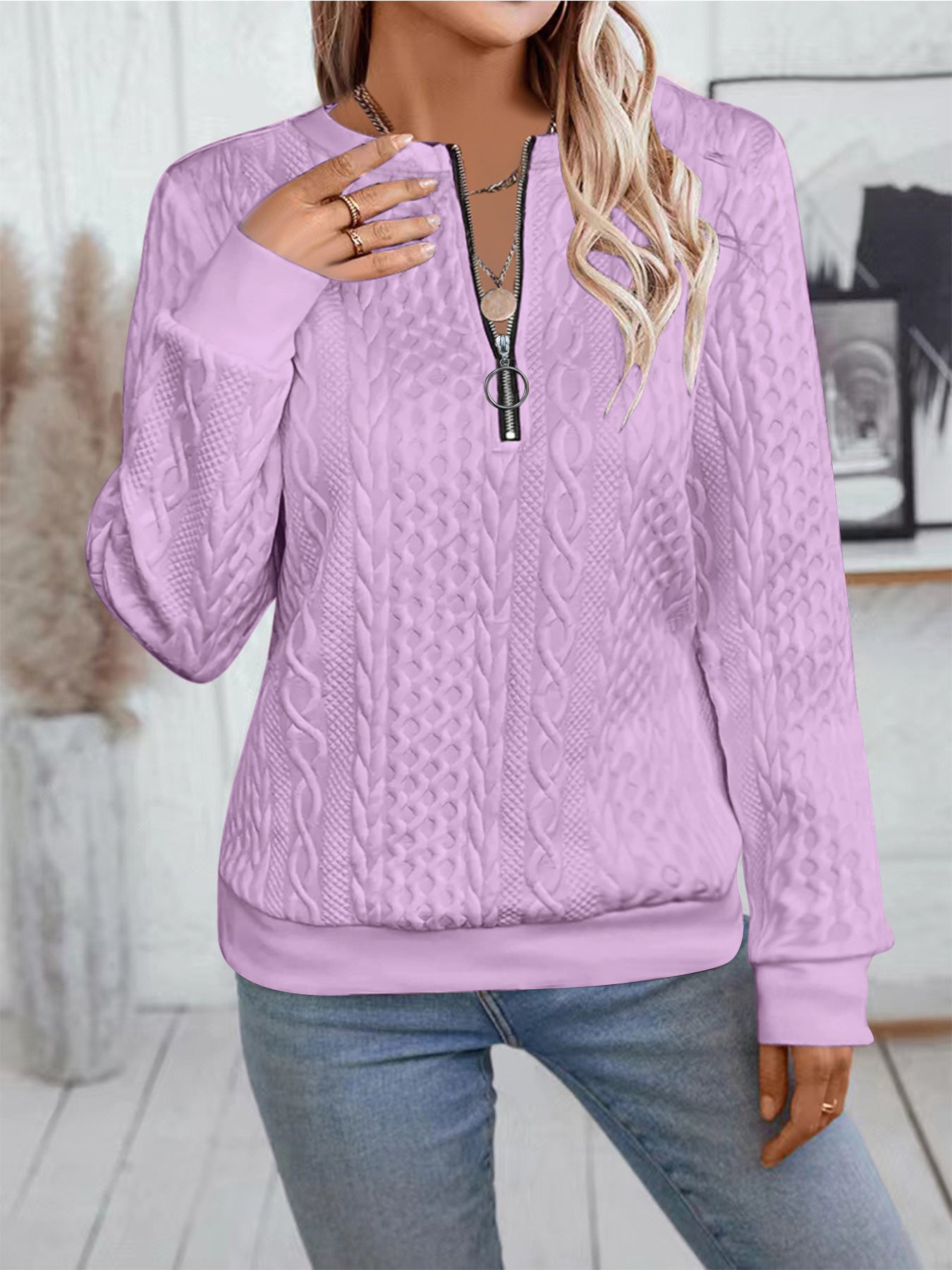 Women's Cable Knit Half Zip Pullover Sweatshirt Long Sleeve
