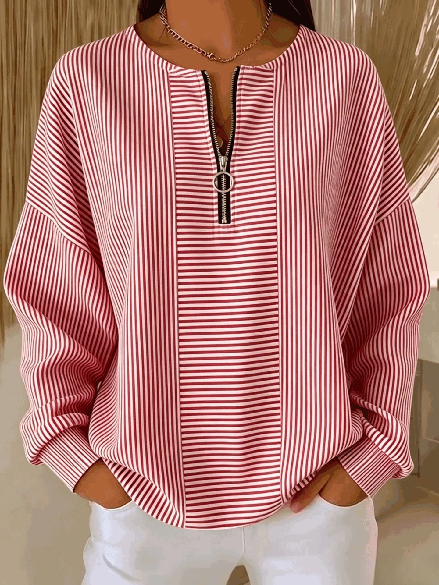 Women's Oversized Striped Half Zip Long Sleeve Top