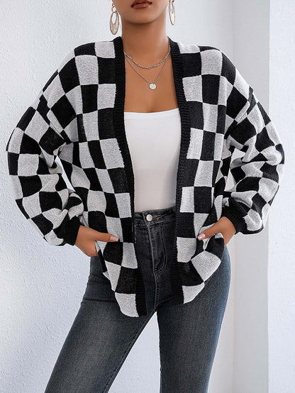 Women's fashion plaid shirt contrasting color splicing checkerboard sweater cardigan