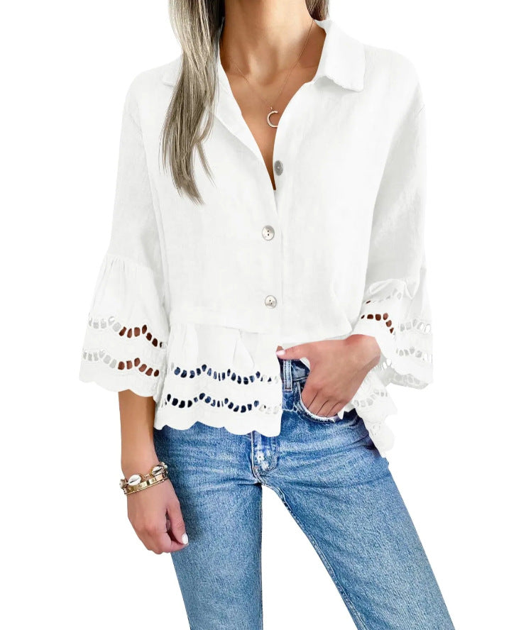 Women's Eyelet Lace Bell Sleeve Button Down Blouse