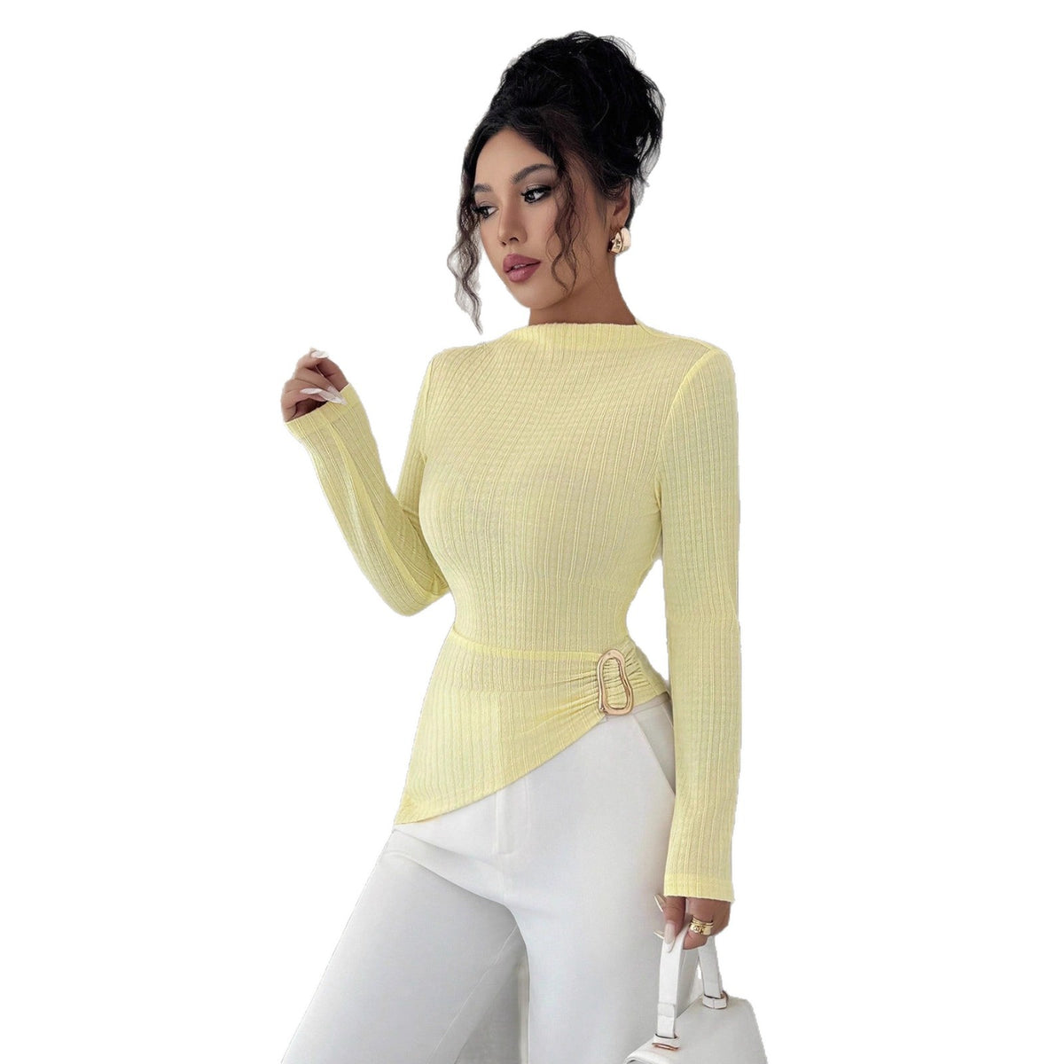 Women's Ribbed Mock Neck Buckle Detail Asymmetric Sweater
