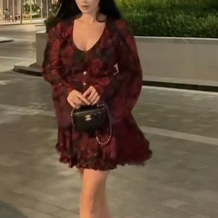 Floral V-Neck Long Sleeve Button Front A-Line Mini Dress