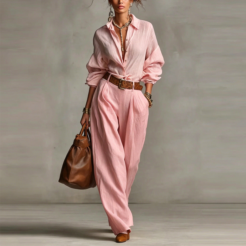 Women Two Piece Button Down Shirt & Pants Set