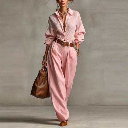Women Two Piece Button Down Shirt & Pants Set