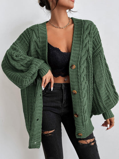 Women's Oversized Cable Knit V-Neck Lantern Sleeve Cardigan