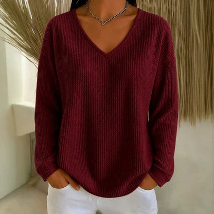 Women's Waffle Knit V Neck Long Sleeve Oversized Top