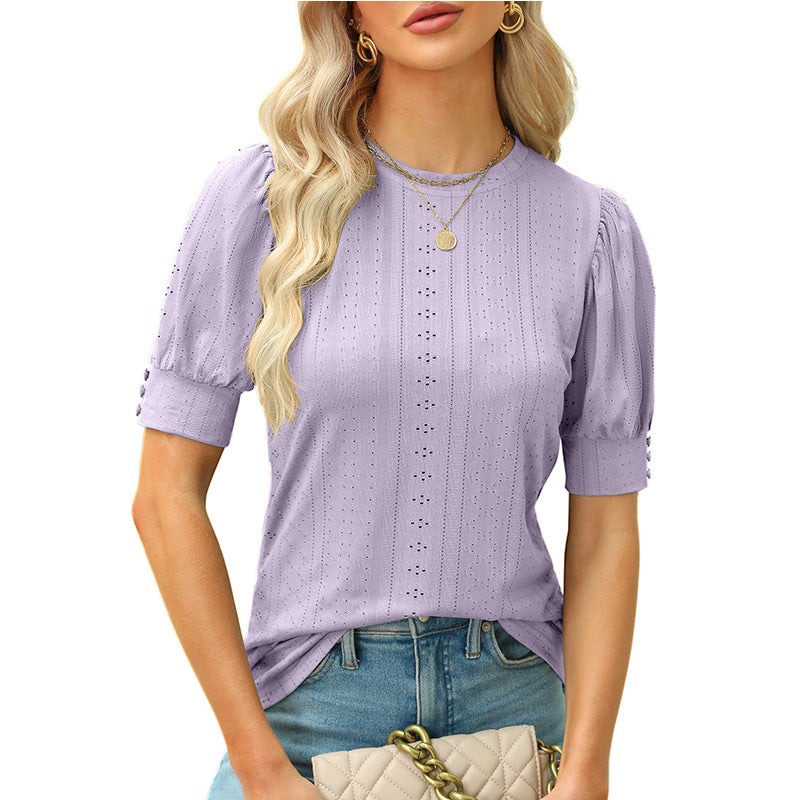 Eyelet Puff Sleeve Short Sleeve Casual Blouse Top